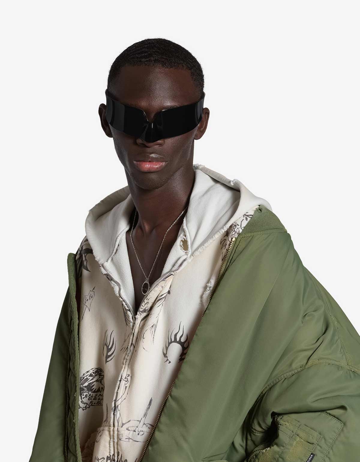 Balenciaga Green Off Shoulder Bomber Jacket