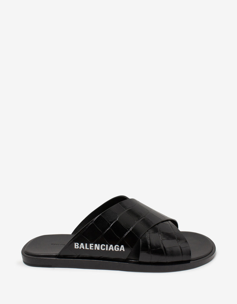 Balenciaga Black Croc Embossed Cosy Sandals