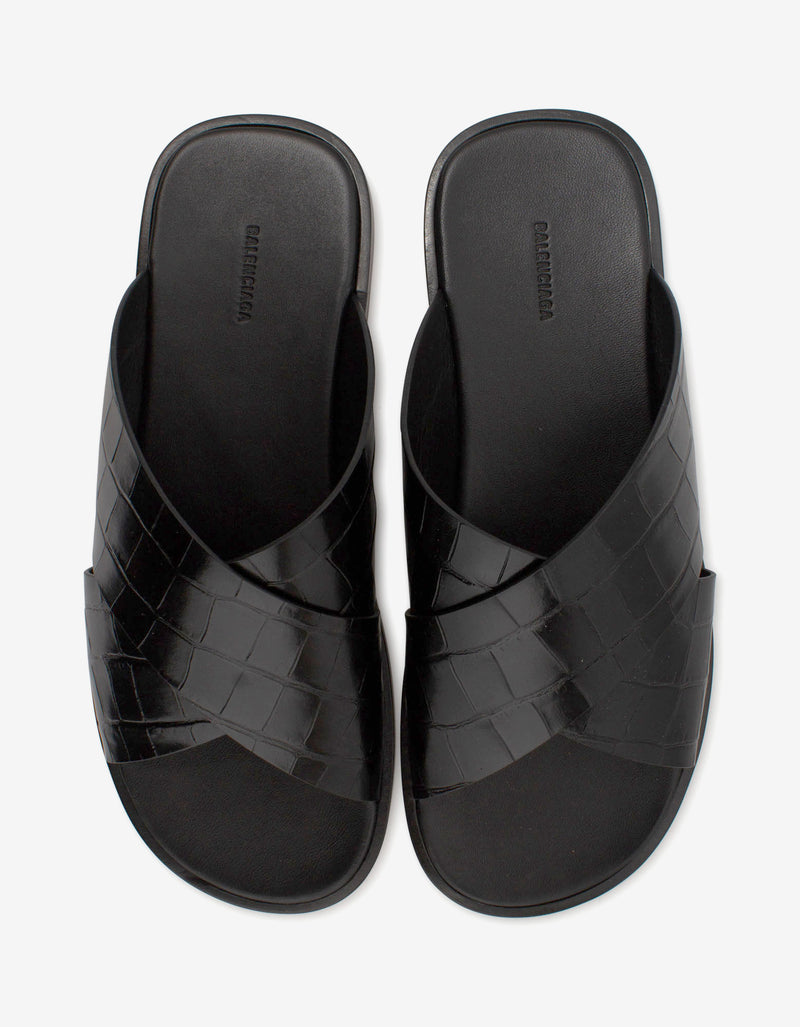 Balenciaga Black Croc Embossed Cosy Sandals