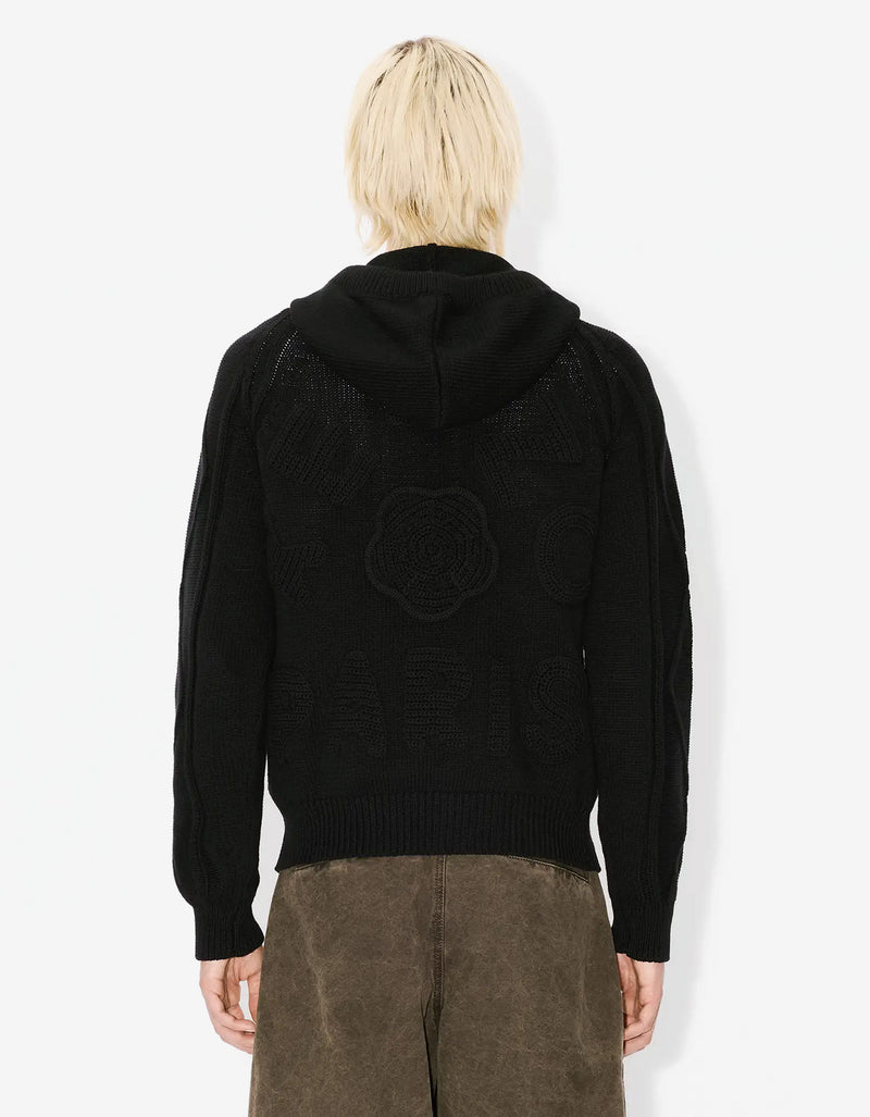 Kenzo Black Hand-Embroidered Cable Knitted Hoodie