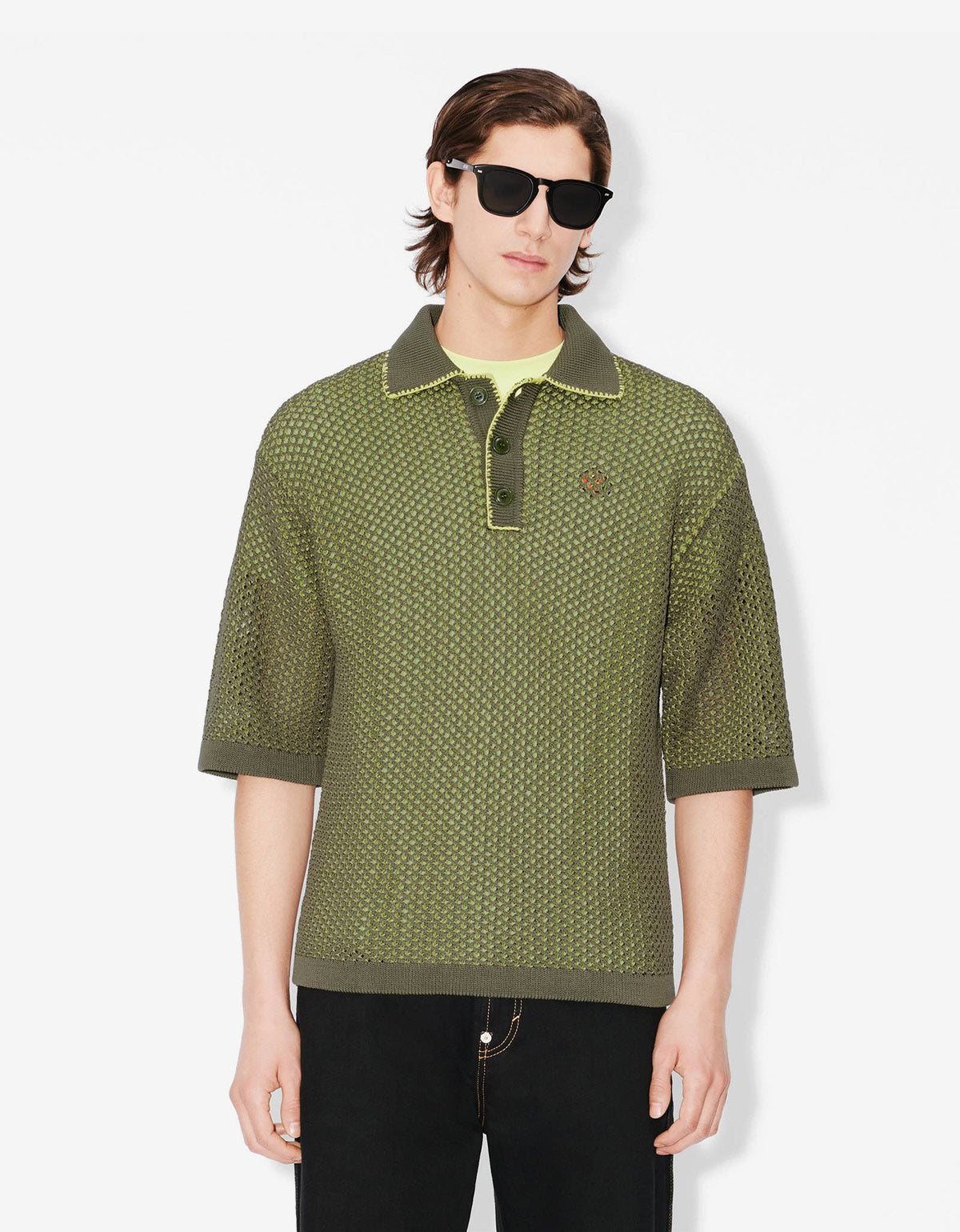 Kenzo Green Oversized Embroidered Knitted Polo Shirt FF55PU7113CG 50