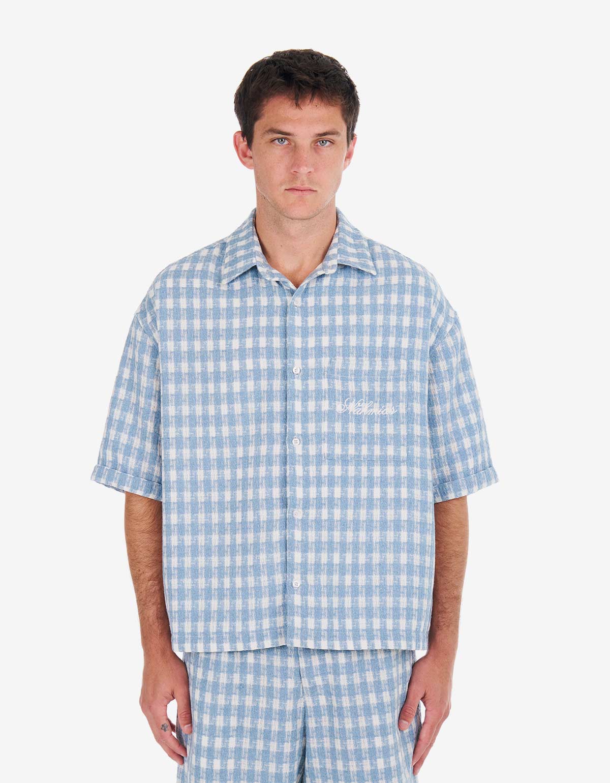 Nahmias Blue Plaid Cropped Short Sleeve Shirt W73-S15G20-430