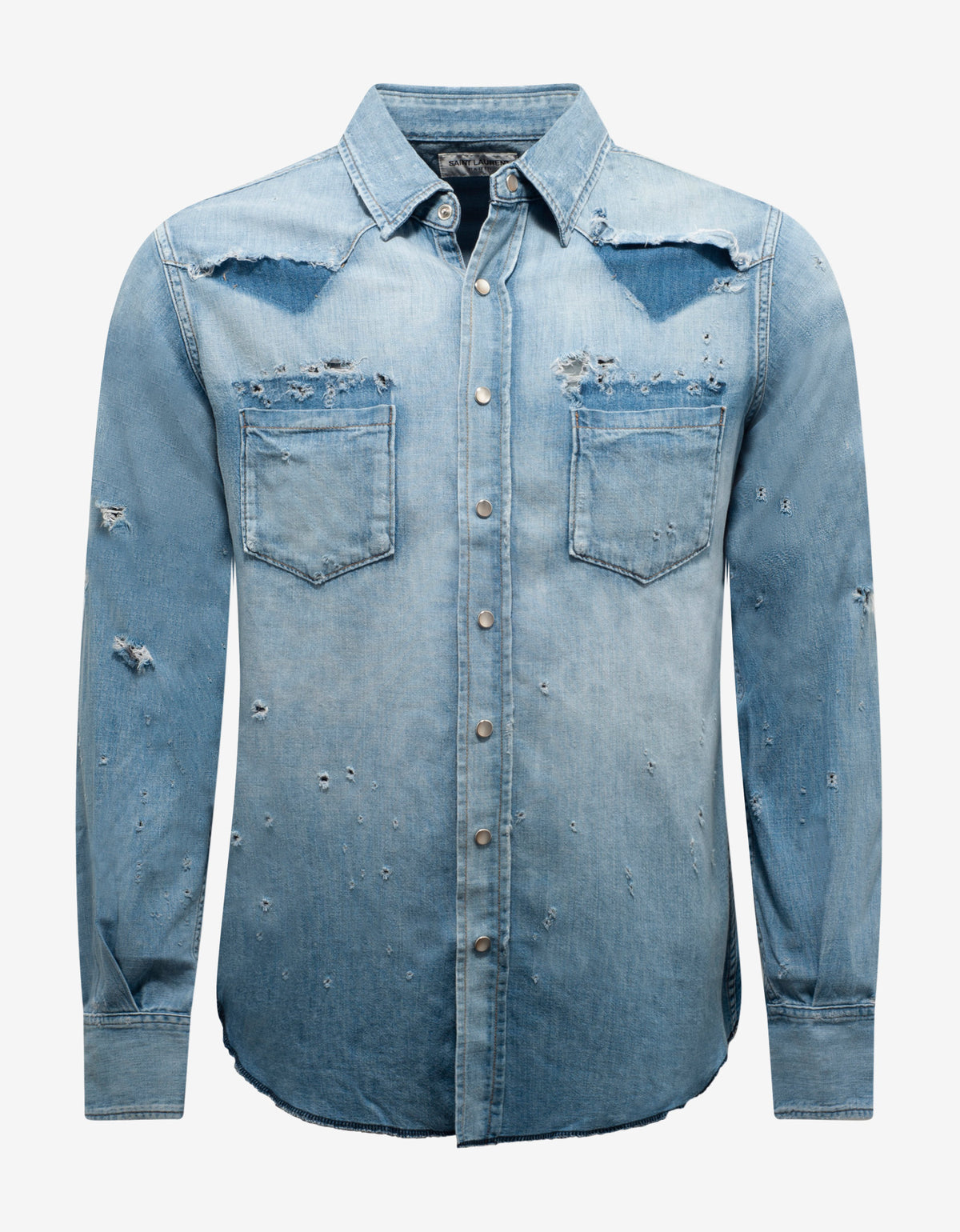 Saint Laurent Blue Destroyed Denim Western Shirt