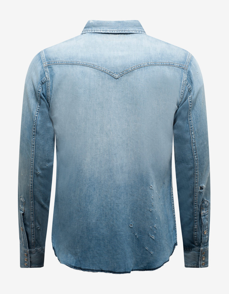 Saint Laurent Blue Destroyed Denim Western Shirt