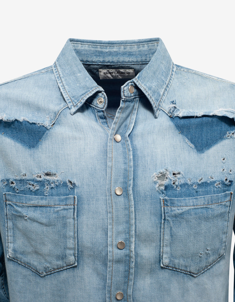 Saint Laurent Blue Destroyed Denim Western Shirt