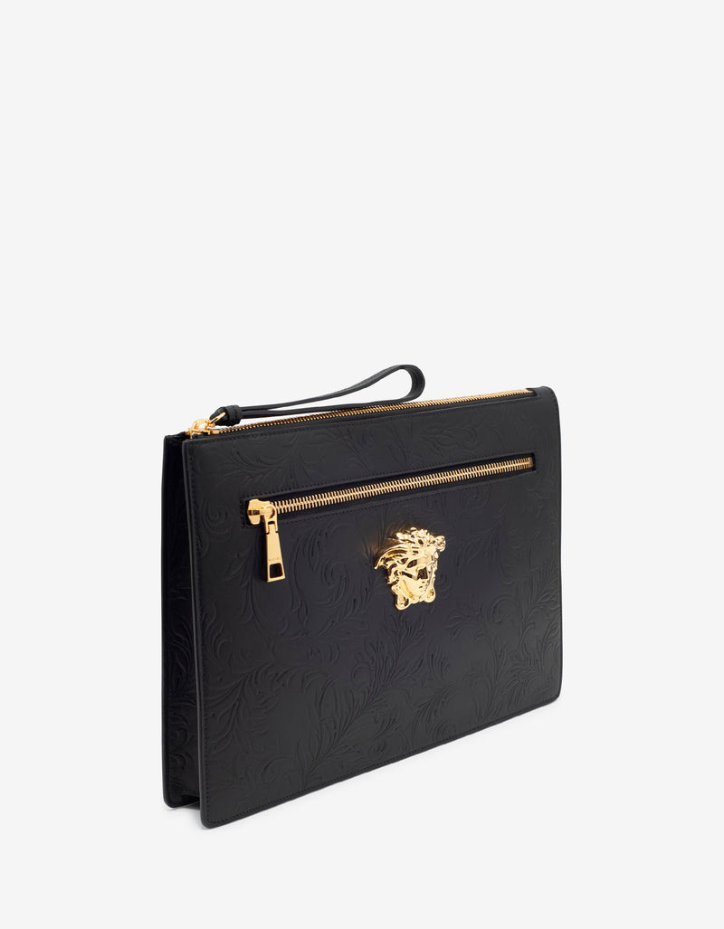 Versace Black Embossed Barocco Leather Clutch