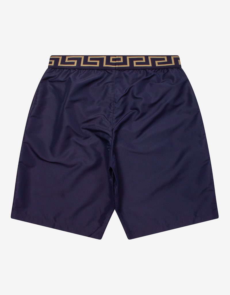 Versace Navy Blue Greca Trim Long Swim Shorts