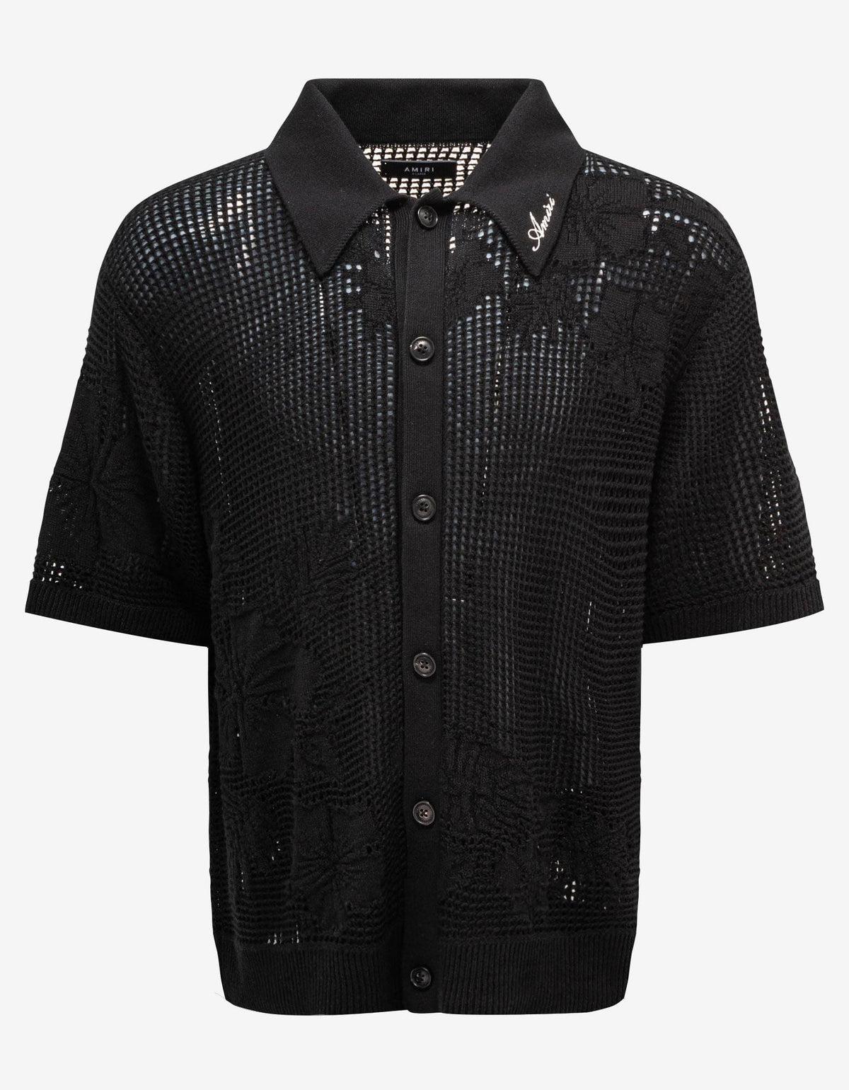 Amiri Amiri Black Floral Open Knit Polo Shirt