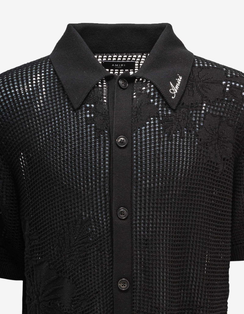 Amiri Amiri Black Floral Open Knit Polo Shirt