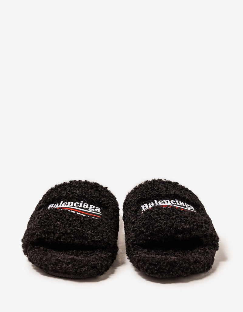 Balenciaga Balenciaga Black Political Logo Furry Slide Sandals