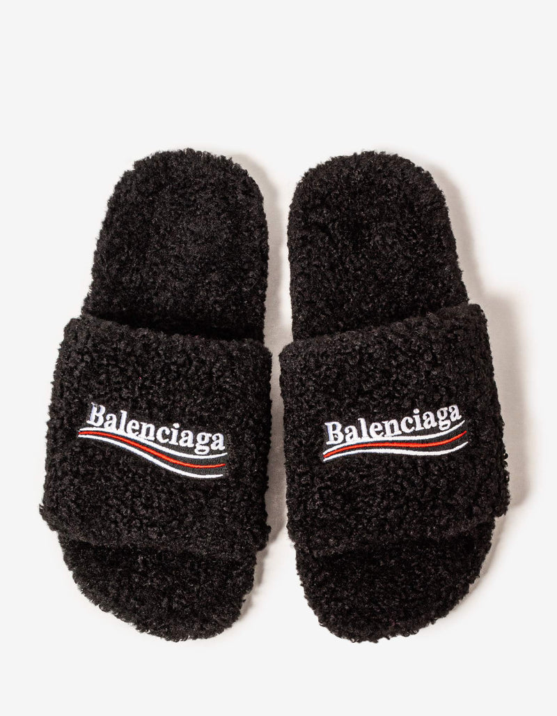 Balenciaga Balenciaga Black Political Logo Furry Slide Sandals