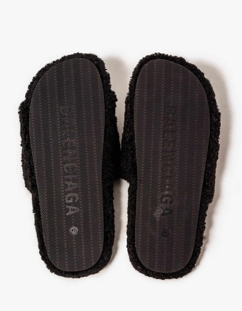 Balenciaga Balenciaga Black Political Logo Furry Slide Sandals