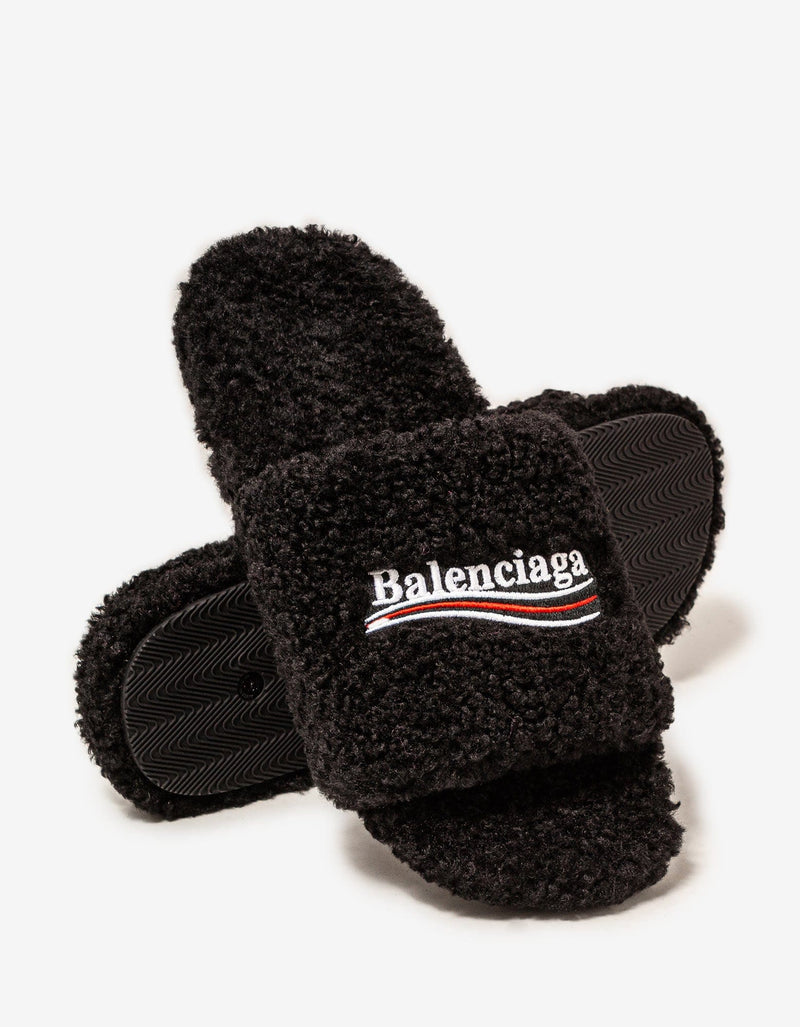 Balenciaga Balenciaga Black Political Logo Furry Slide Sandals