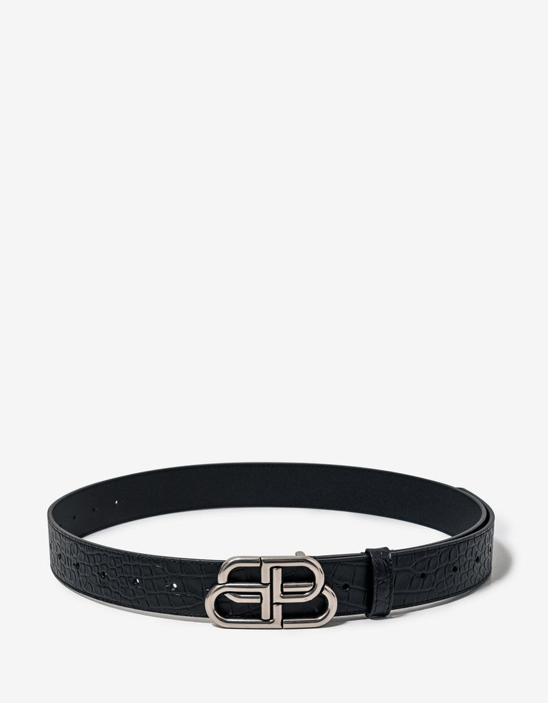 Balenciaga Black BB Croc Embossed Leather Belt