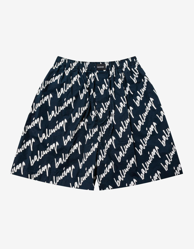 Balenciaga Navy Blue Scribble Logo Pyjama Shorts