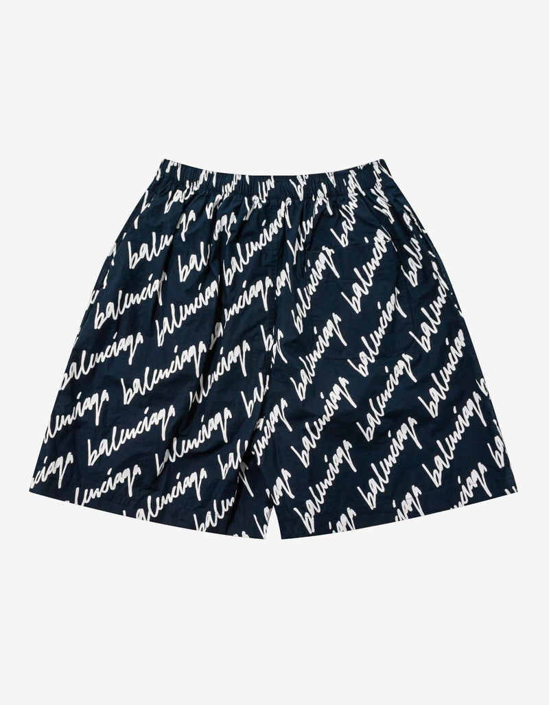 Balenciaga Navy Blue Scribble Logo Pyjama Shorts