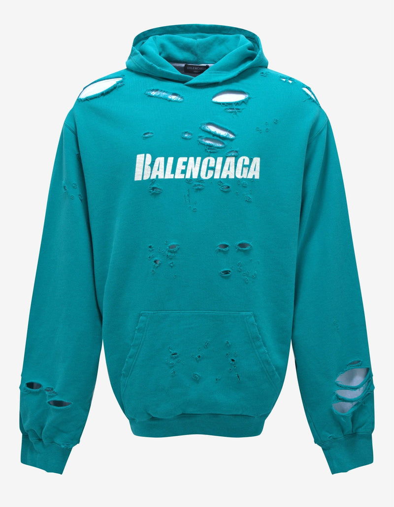 Balenciaga Turquoise Destroyed Oversized Hoodie