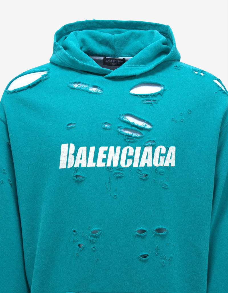 Balenciaga Turquoise Destroyed Oversized Hoodie