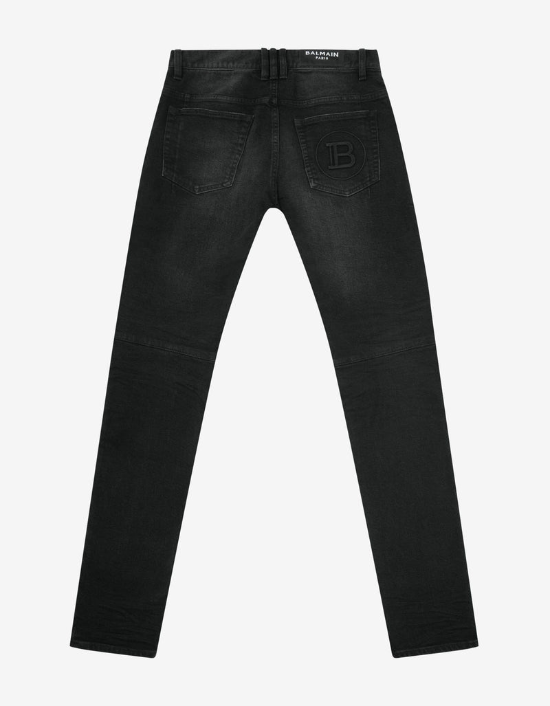 Balmain Black Ribbed Panel Destroyed Slim Biker Jeans