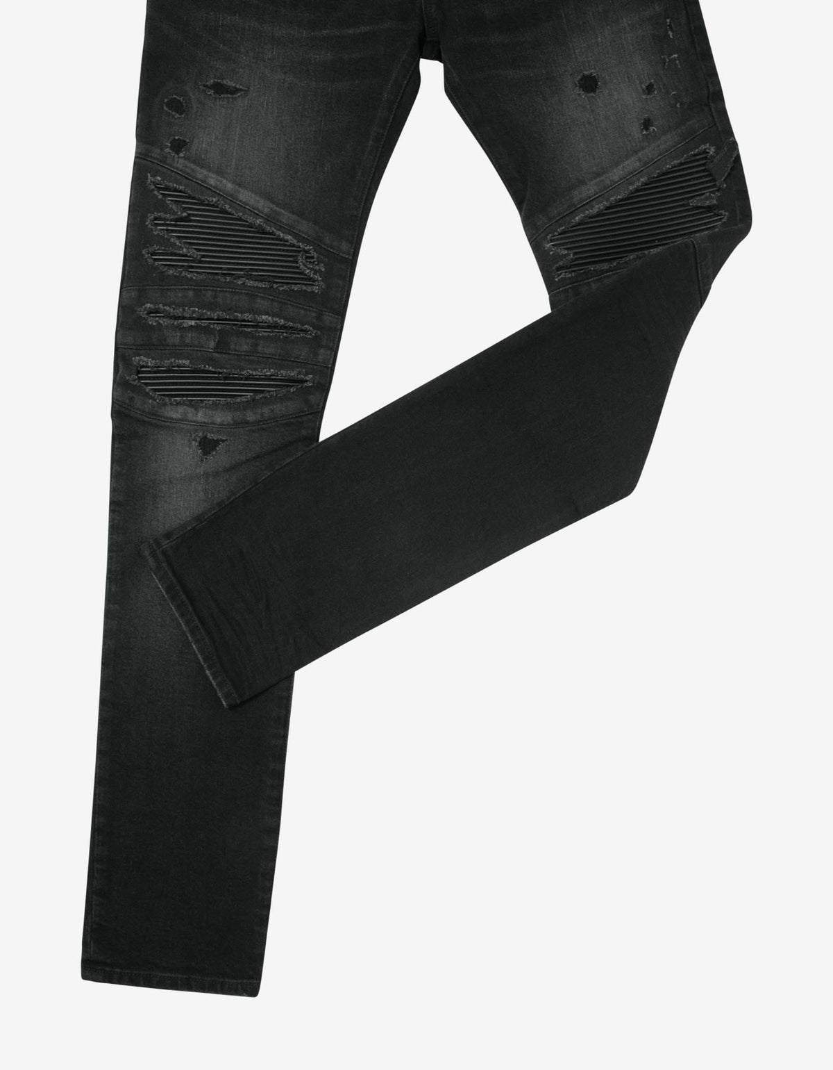 Balmain Black Ribbed Panel Destroyed Slim Biker Jeans