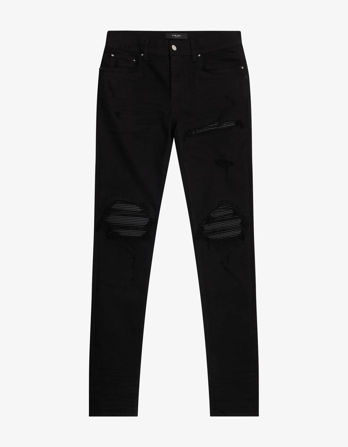 Amiri Jeans MX1 Black Leather Insert Distressed Skinny