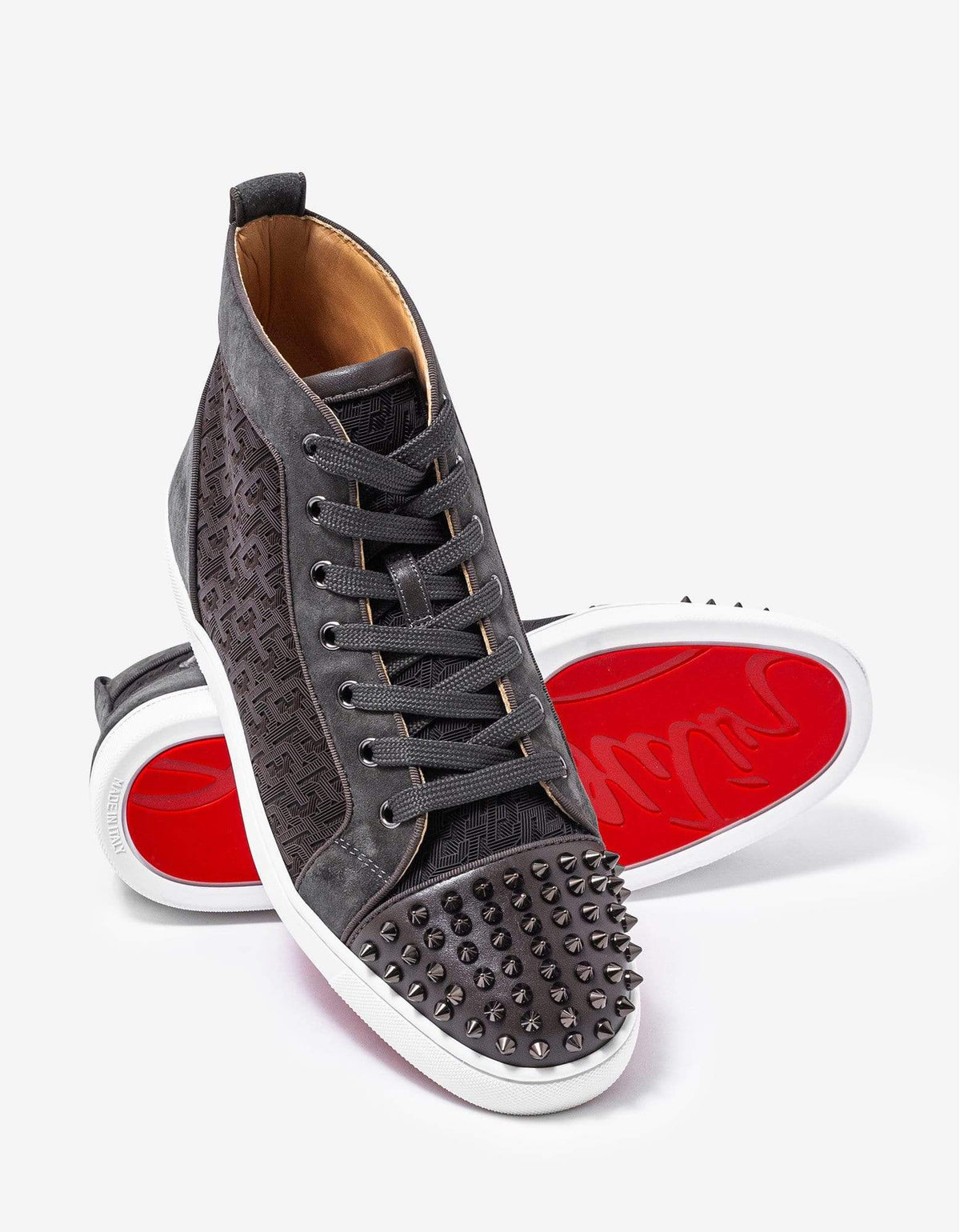 Christian Louboutin Lou Spikes Orlato Grey CL Logo High Top Trainers