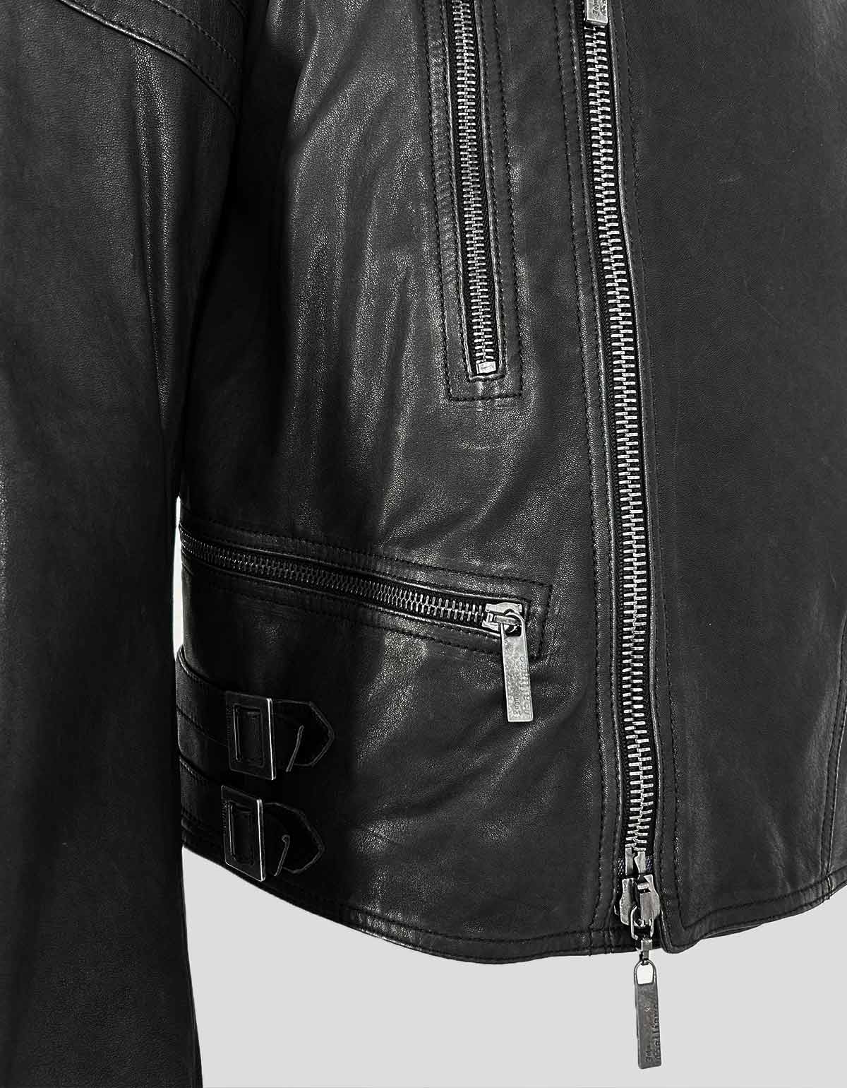 John Galliano Black Leather Biker Jacket With Cameo Embroidery