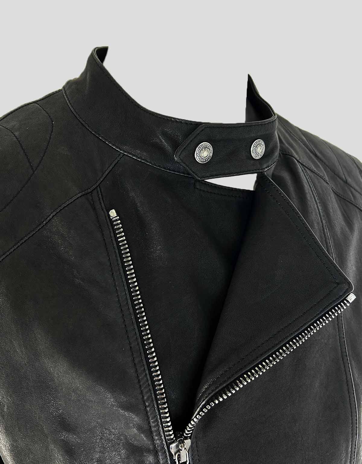 John Galliano Black Leather Biker Jacket With Cameo Embroidery