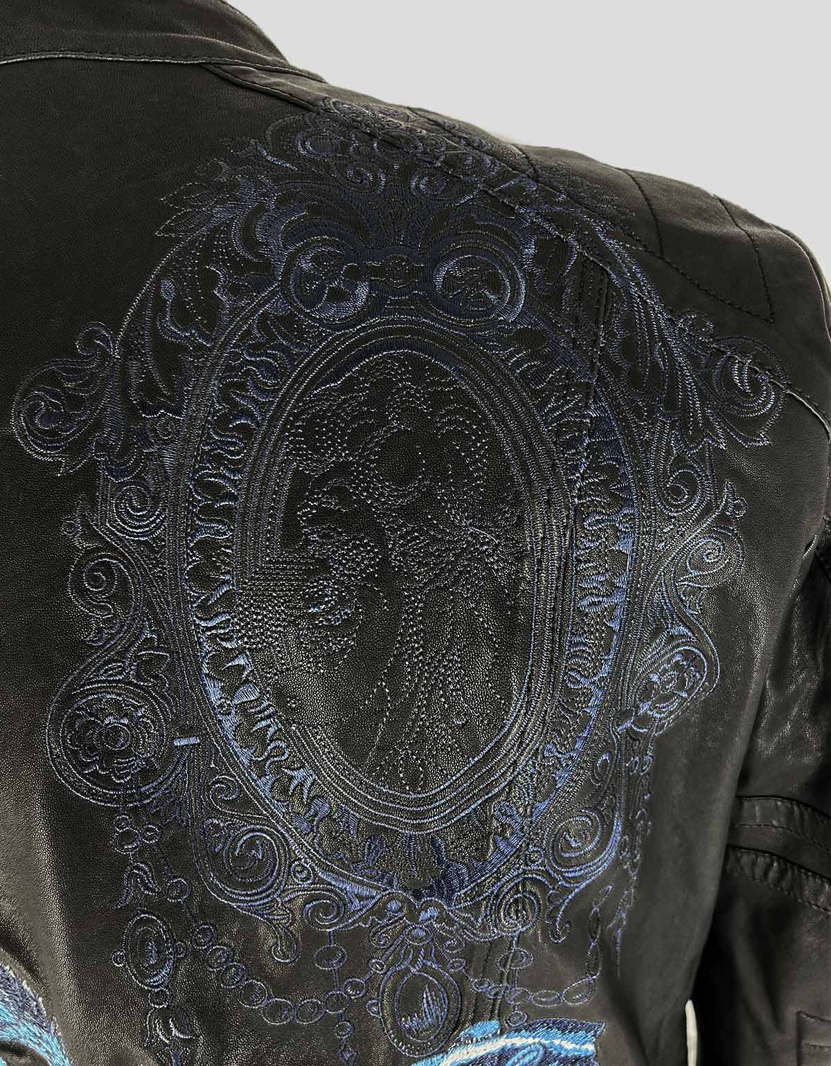 John Galliano Black Leather Biker Jacket With Cameo Embroidery