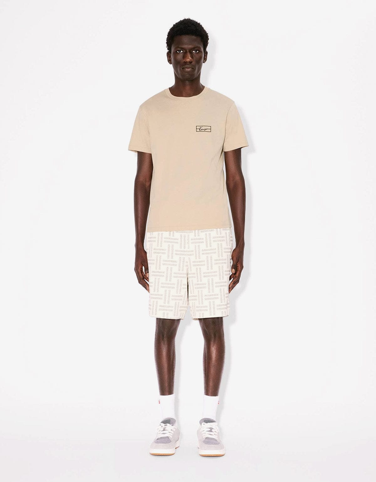 Kenzo Weave Beige Logo Embroidered T-Shirt