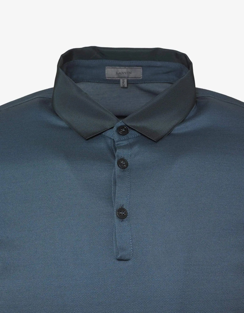 Lanvin Lanvin Metallic Blue Polo T-Shirt with Grosgrain Collar