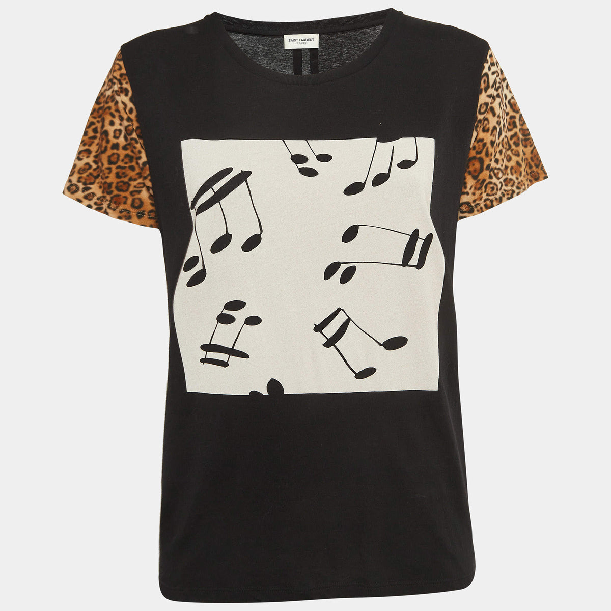 Saint Laurent Black Graphic T-Shirt with Leopard Sleeves