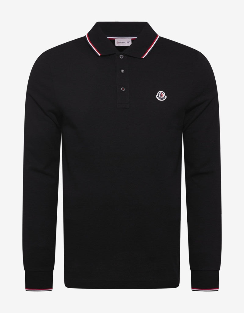 Moncler Black Tricolour Trim Long Sleeve Polo T-Shirt