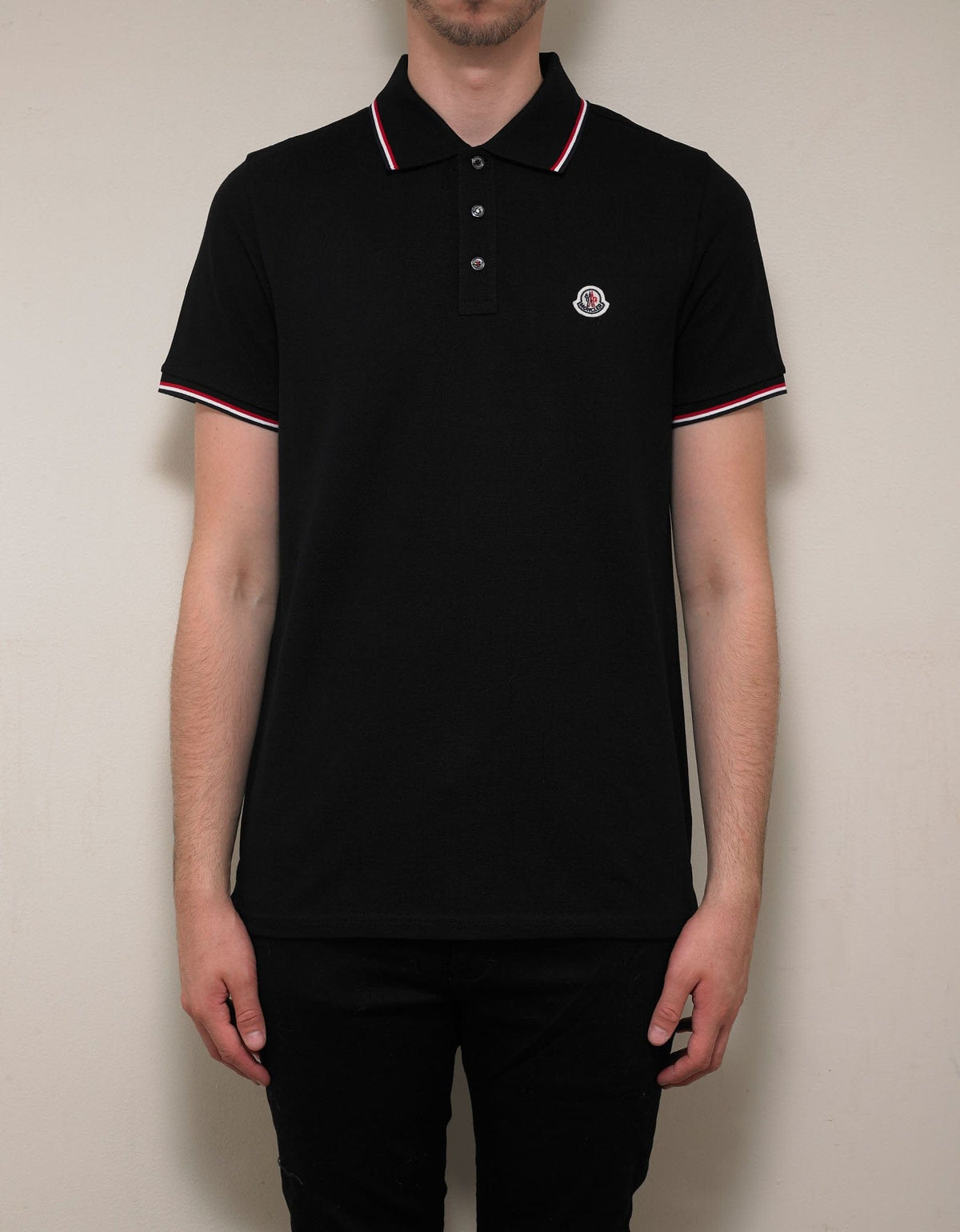 Moncler Black Tricolour Trim Polo T-Shirt