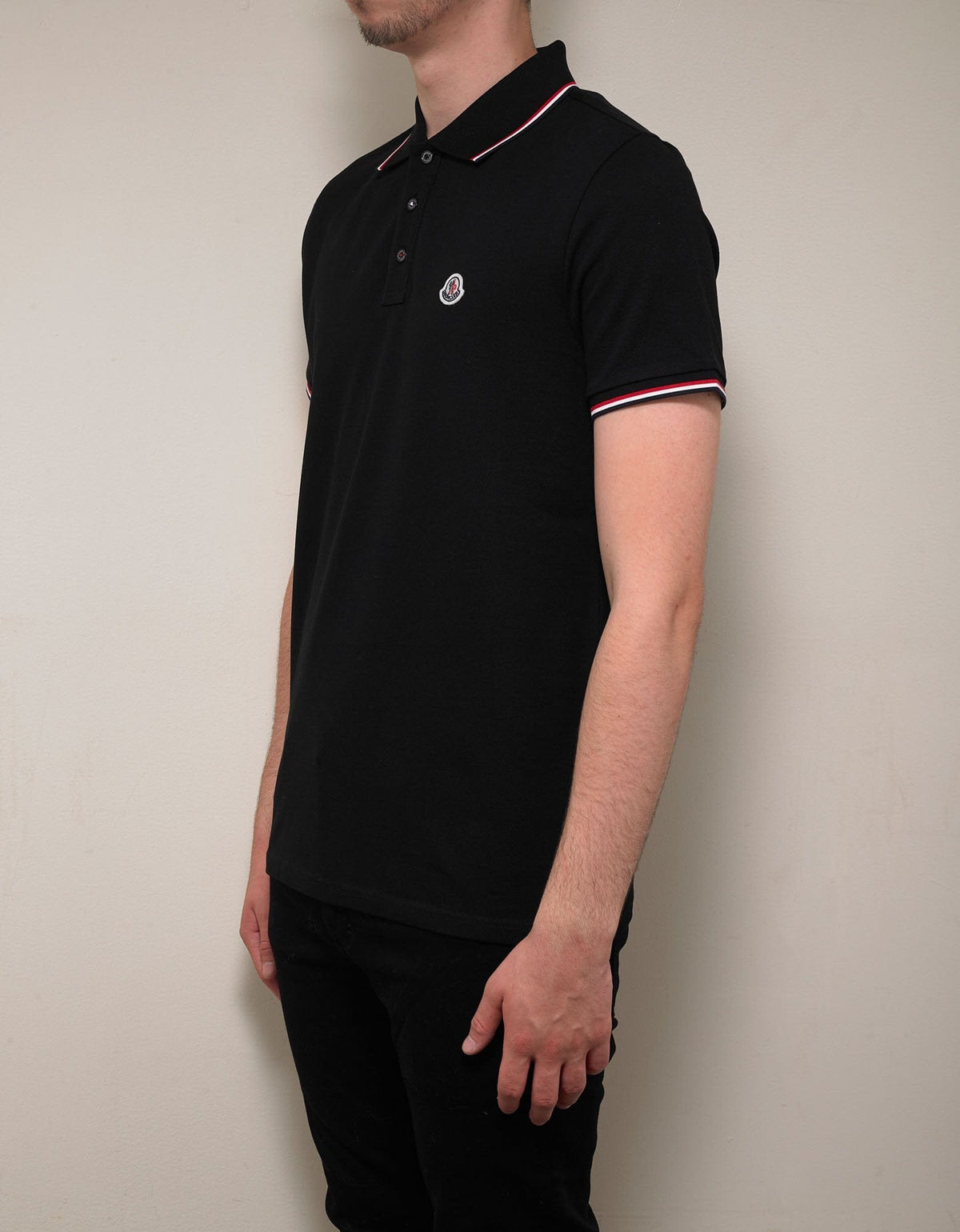 Moncler Black Tricolour Trim Polo T-Shirt