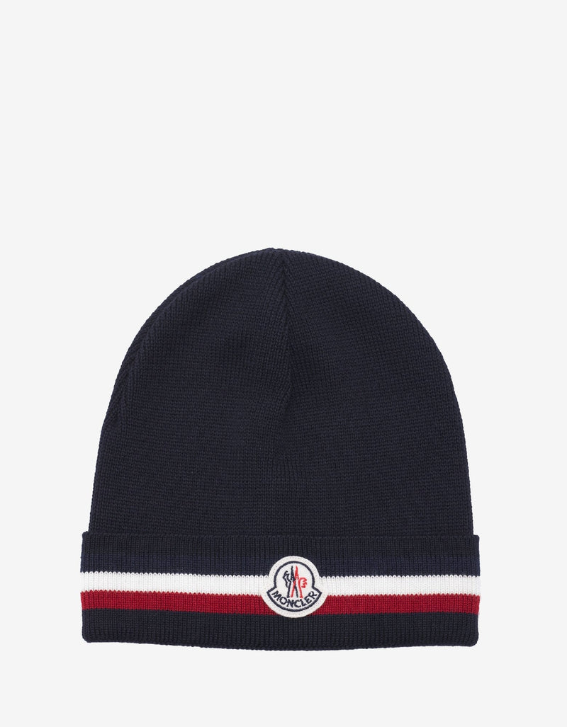 Moncler Navy Blue Tricolour Trim Logo Beanie Hat