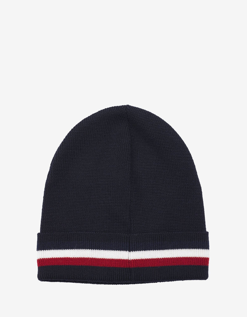 Moncler Navy Blue Tricolour Trim Logo Beanie Hat