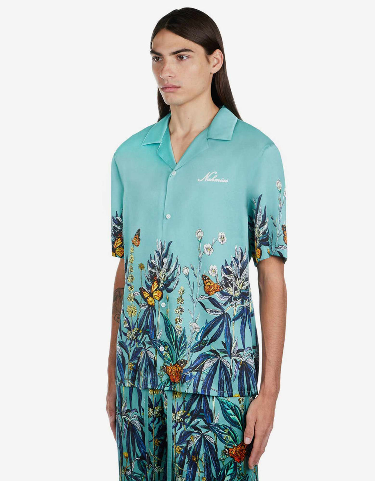 Nahmias Nahmias Blue Botanical Silk Short Sleeve Shirt