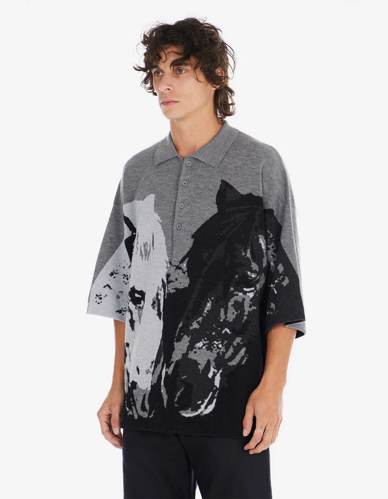 Nahmias Nahmias Grey Horses Knit Collared Shirt