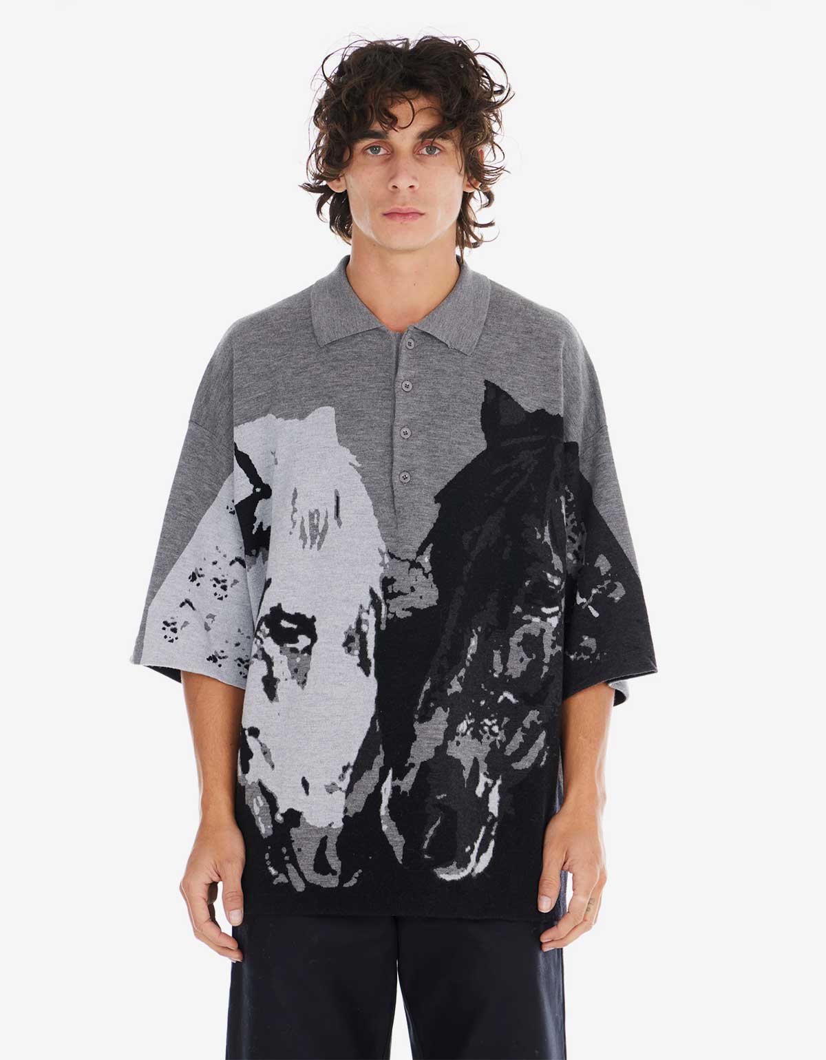 Nahmias Nahmias Grey Horses Knit Collared Shirt