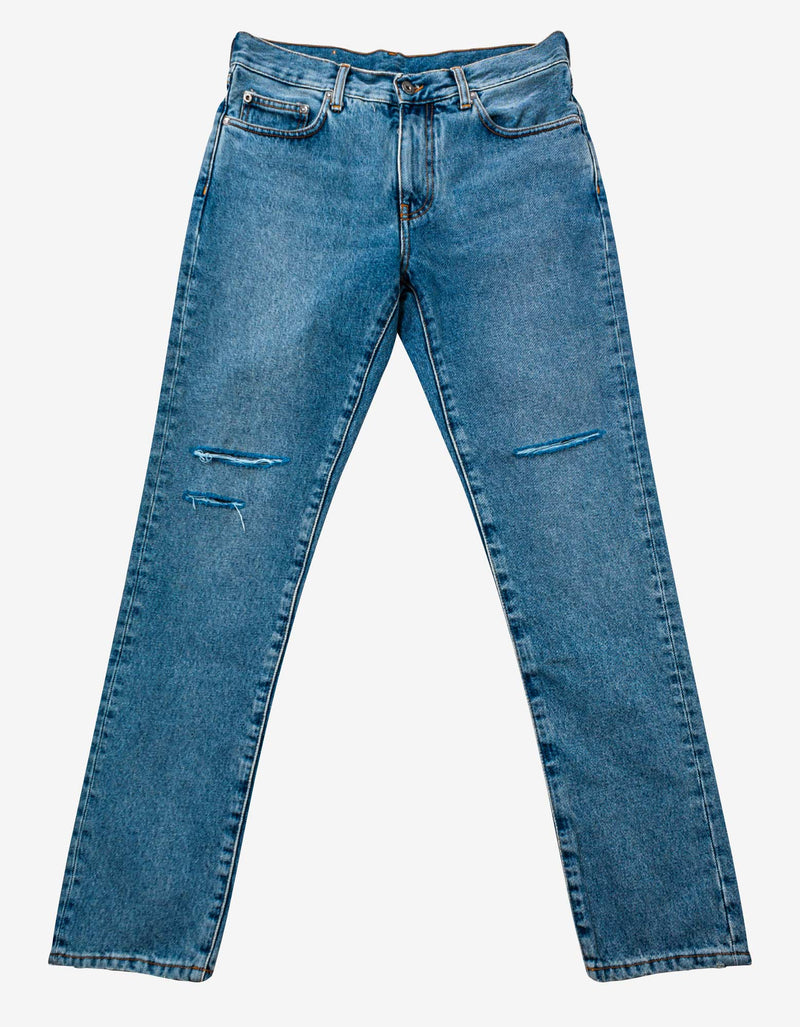 Off-White Blue Diagonal Pocket Distress Skinny Jeans