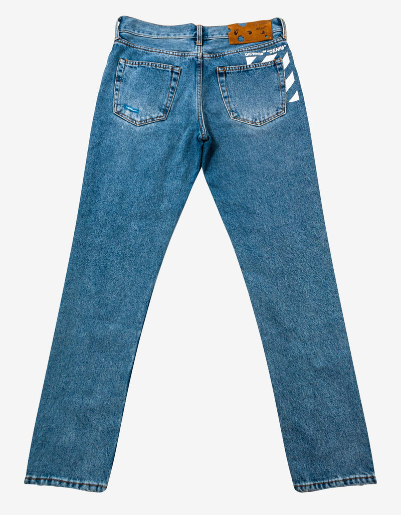 Off-White Blue Diagonal Pocket Distress Skinny Jeans