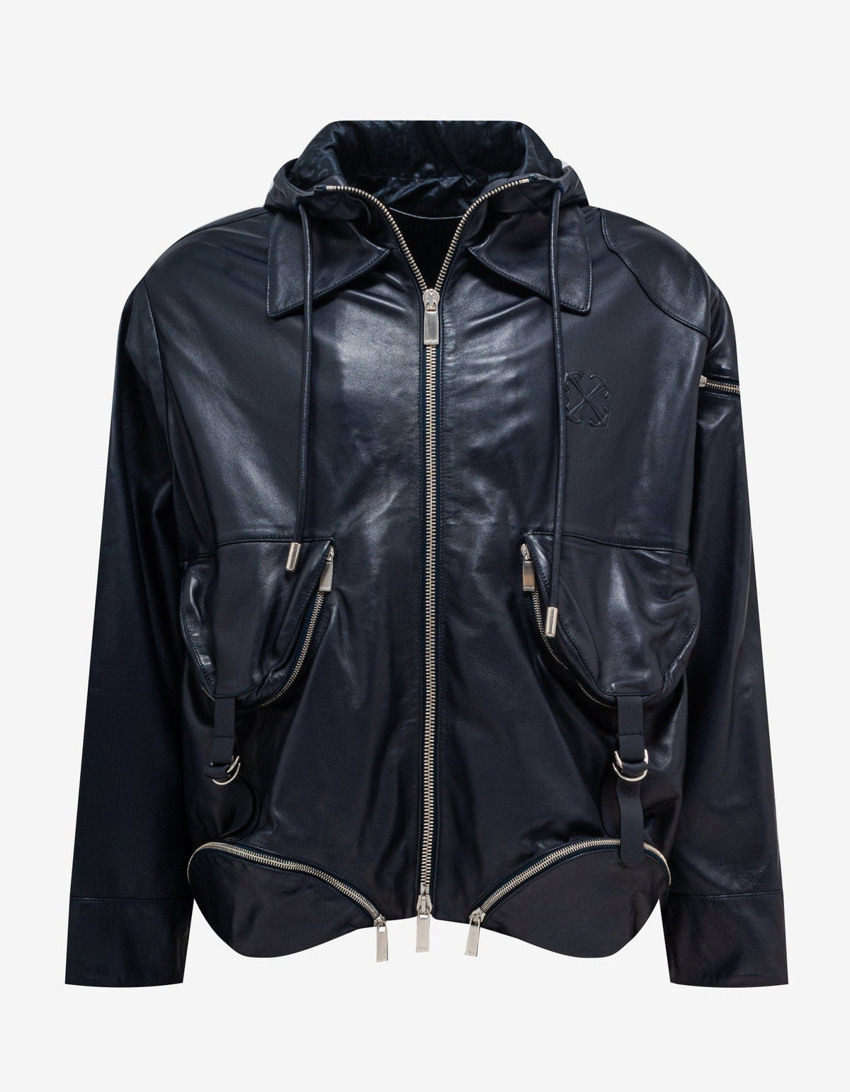 Off-White Off-White Navy Blue Arrow Multi Pocket Zip Leather Jacket