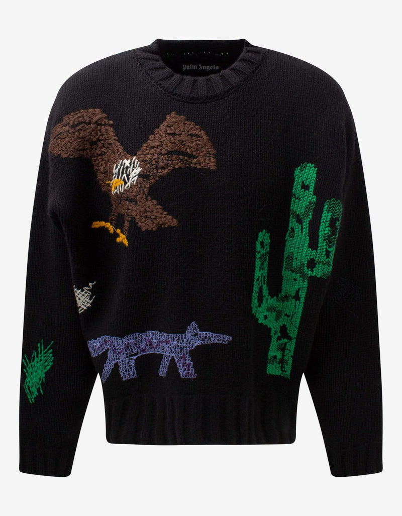 Palm Angels Black New Folk Embroidered Sweater