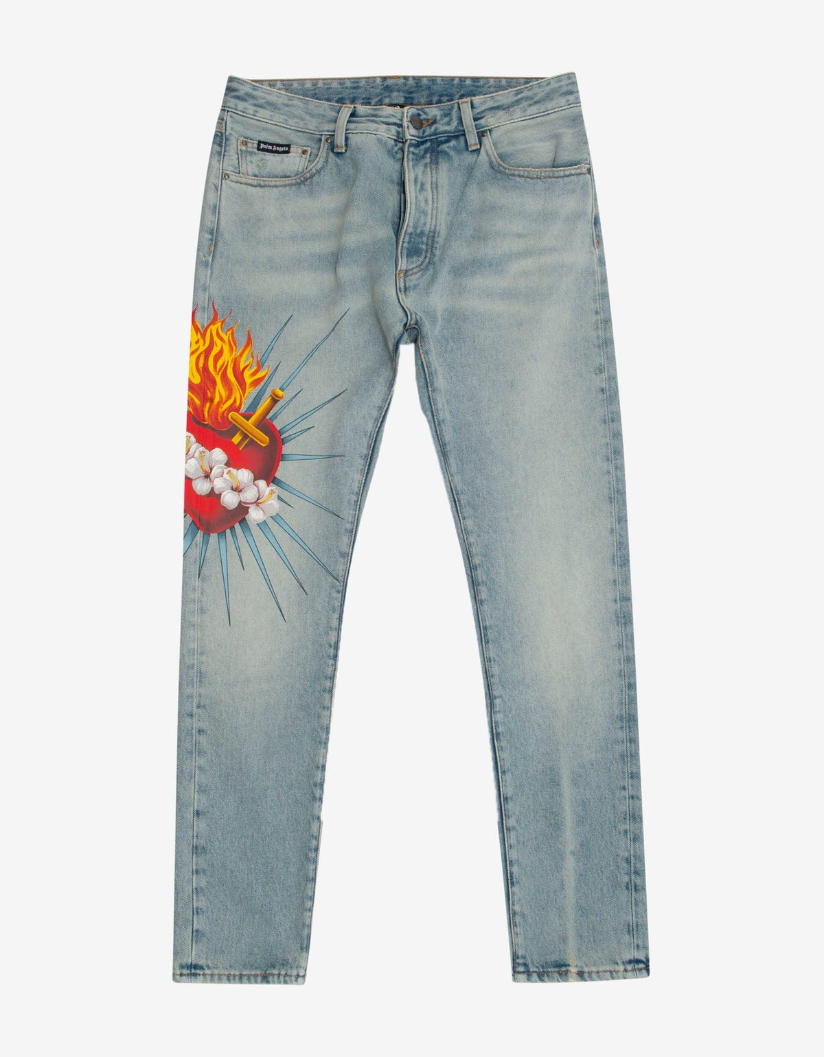 Palm Angels Blue Sacred Heart Print Straight-Leg Jeans