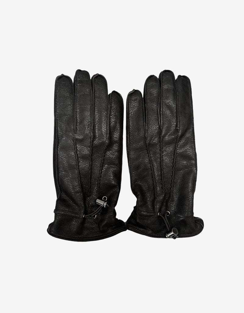 Prada Black Lined Leather Gloves With Elastic Toggle Fastening