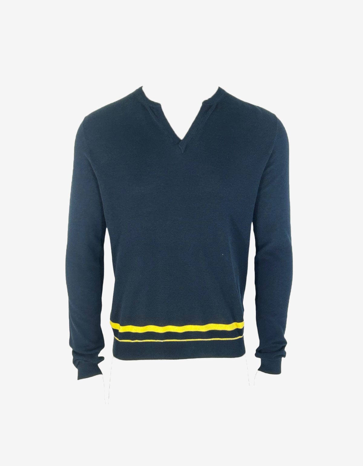 Prada Blue Long Sleeve Cotton Pique V Neck Stripe T-Shirt