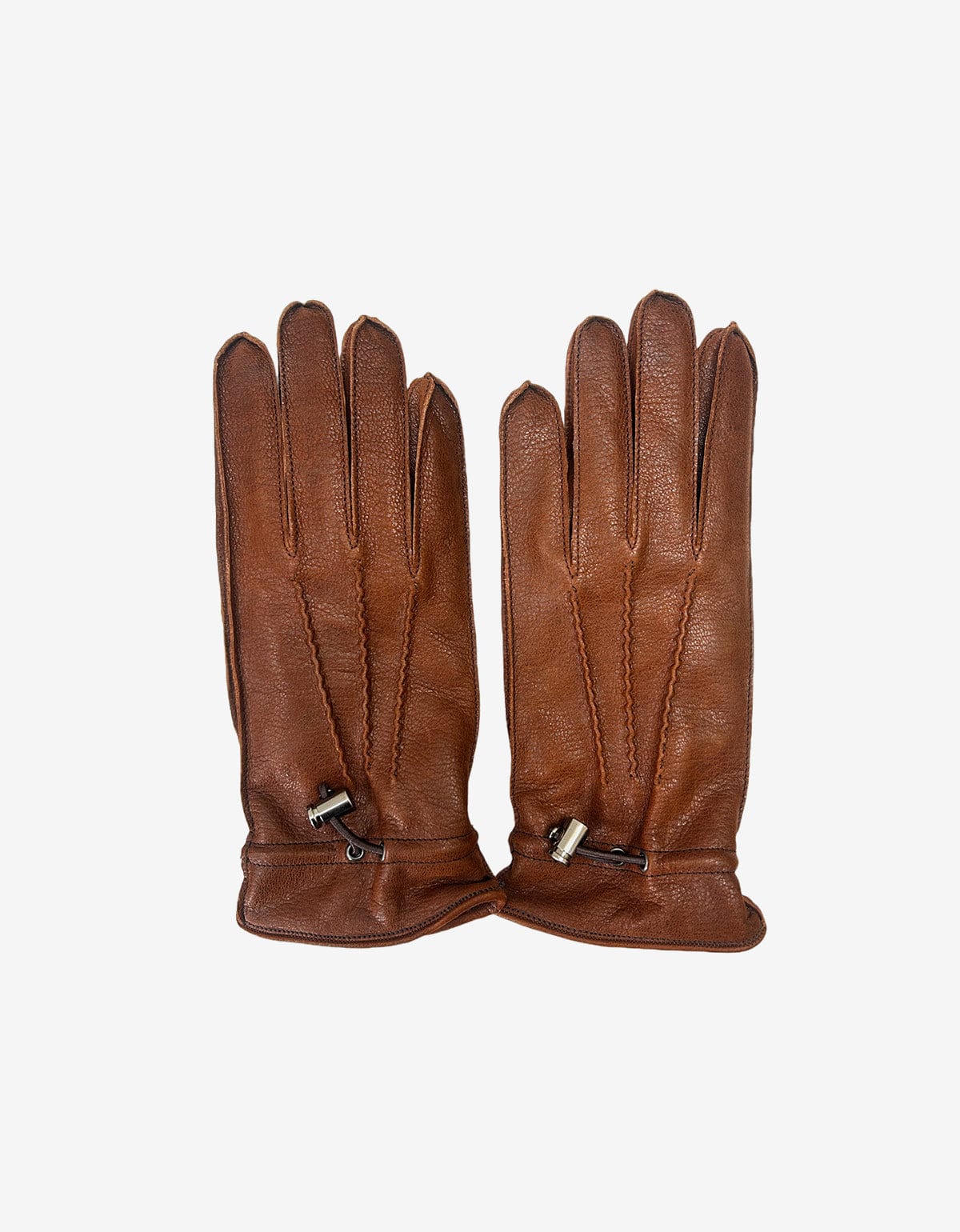 Prada Brown Lined Leather Gloves With Elastic Toggle Fastening