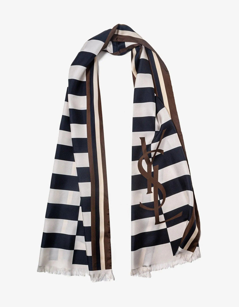 Saint Laurent Brown Logo Stripe Silk Scarf