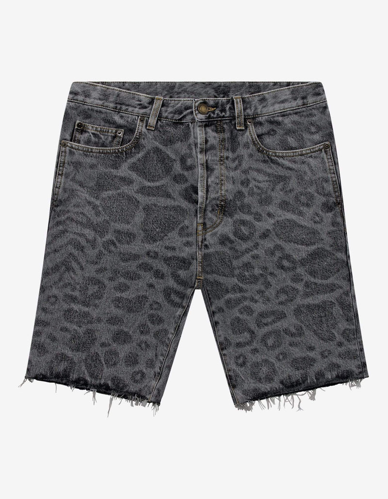 Saint Laurent Grey Leopard Print Denim Shorts